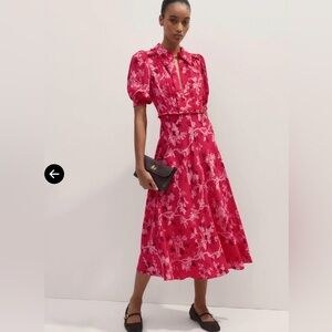 ME+EM 2 Modern Botanical Print Midi Dress Raspberry Red EUC Floral Short Sleeve